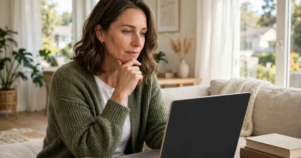 A woman in her 40s looking thoughtfully at a laptop with a blank screen in a bright living room, no readable text, no logos