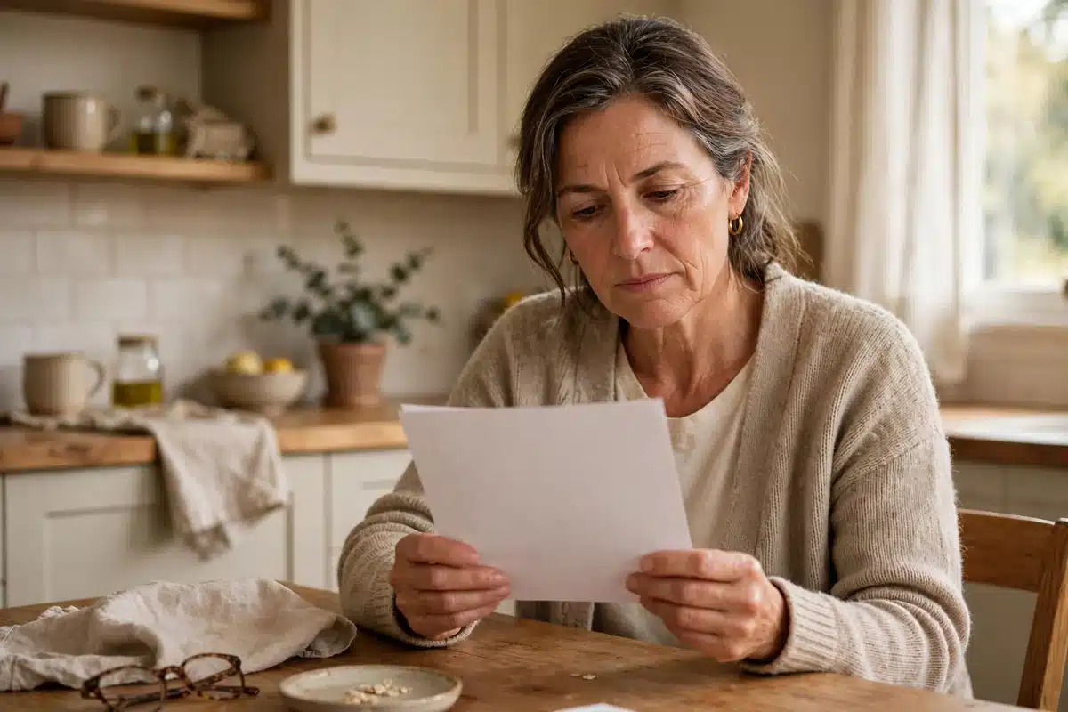 Photo of a woman in her 50s at home reading a plain blank leaflet at her kitchen table with a thoughtful expression in soft daylight