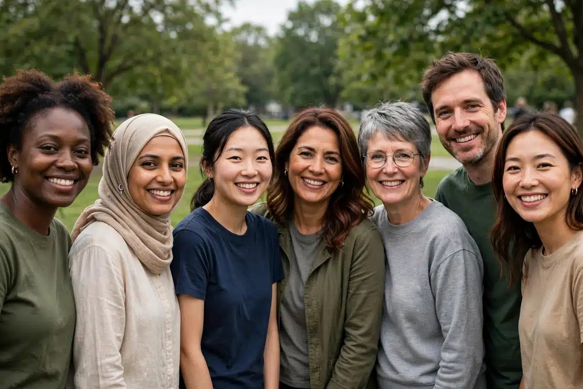 Photo of a diverse group of women and one man standing together outdoors at a community awareness gathering, smiling warmly in soft daylight, plain clothing with no words or symbols