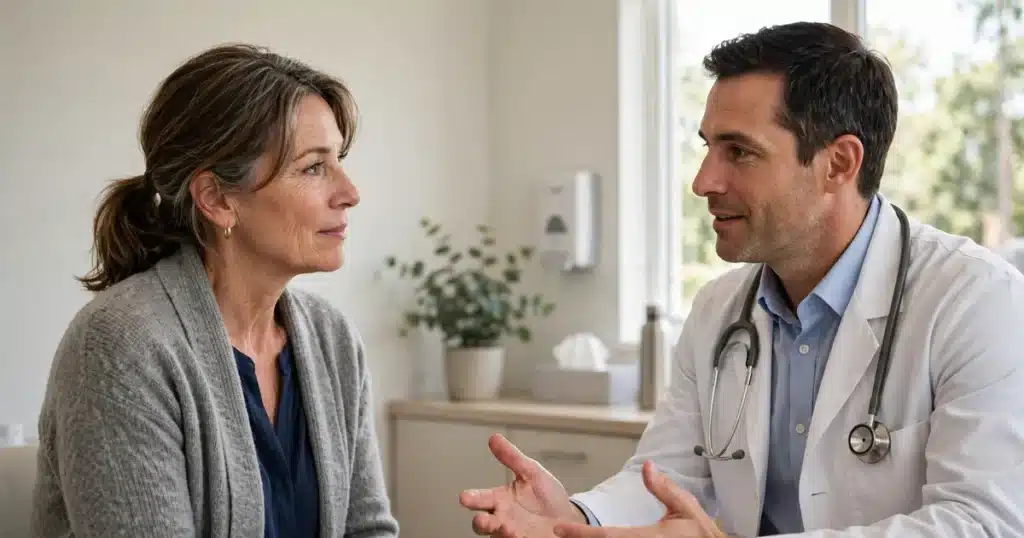 Photo of a woman in her 50s and her doctor talking together in a bright clinic office, the doctor explaining calmly, reassuring mood in natural light