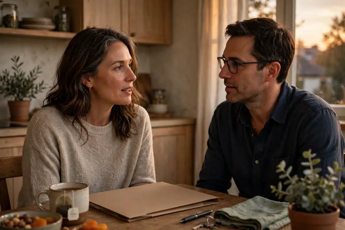 Photo of a woman in her 40s and her partner sitting at their kitchen table at home with a plain folder, talking through a plan together in warm evening light