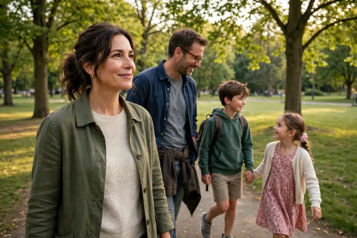 Photo of a woman in her 40s walking in a park with her family in soft afternoon light, hopeful and unhurried