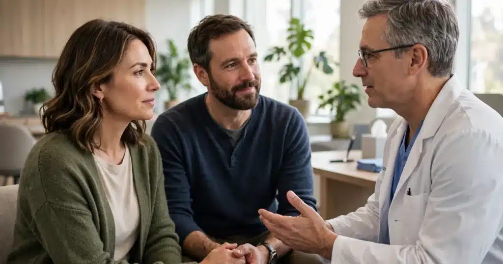 Photo of a woman in her 40s talking with her oncologist in a bright clinic office, her partner sitting beside her