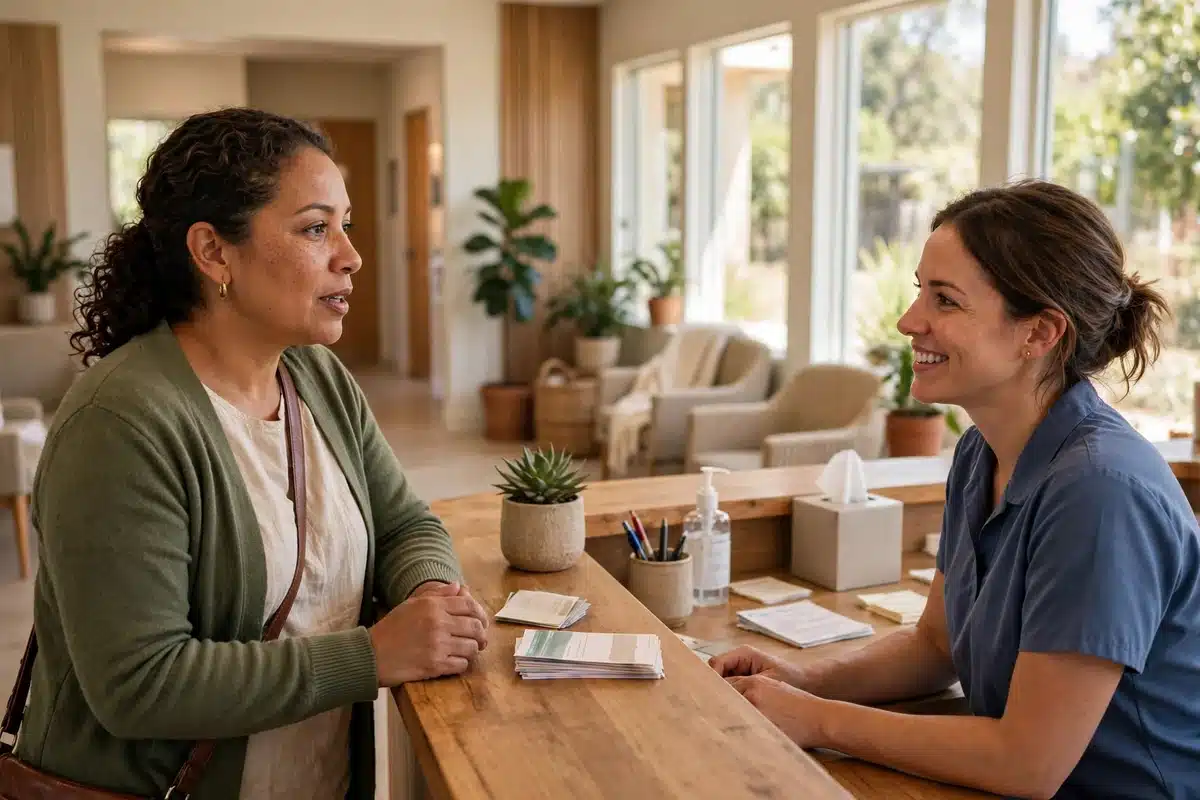 Photo of a woman asking questions at a community clinic desk with a staff member