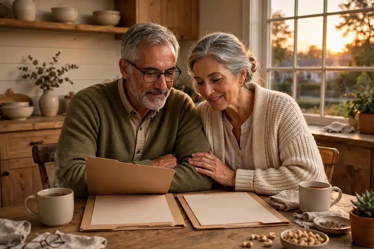 Photo of a couple at home reviewing folders together at their kitchen table