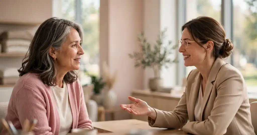 Photo of a woman in her 50s talking with a hospital financial counselor across a desk in a bright office