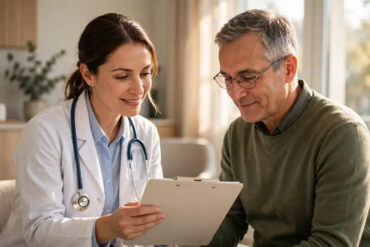 A doctor kindly showing a patient a clipboard in a bright, sunlit consultation room, both looking at it together with calm and reassured expressions