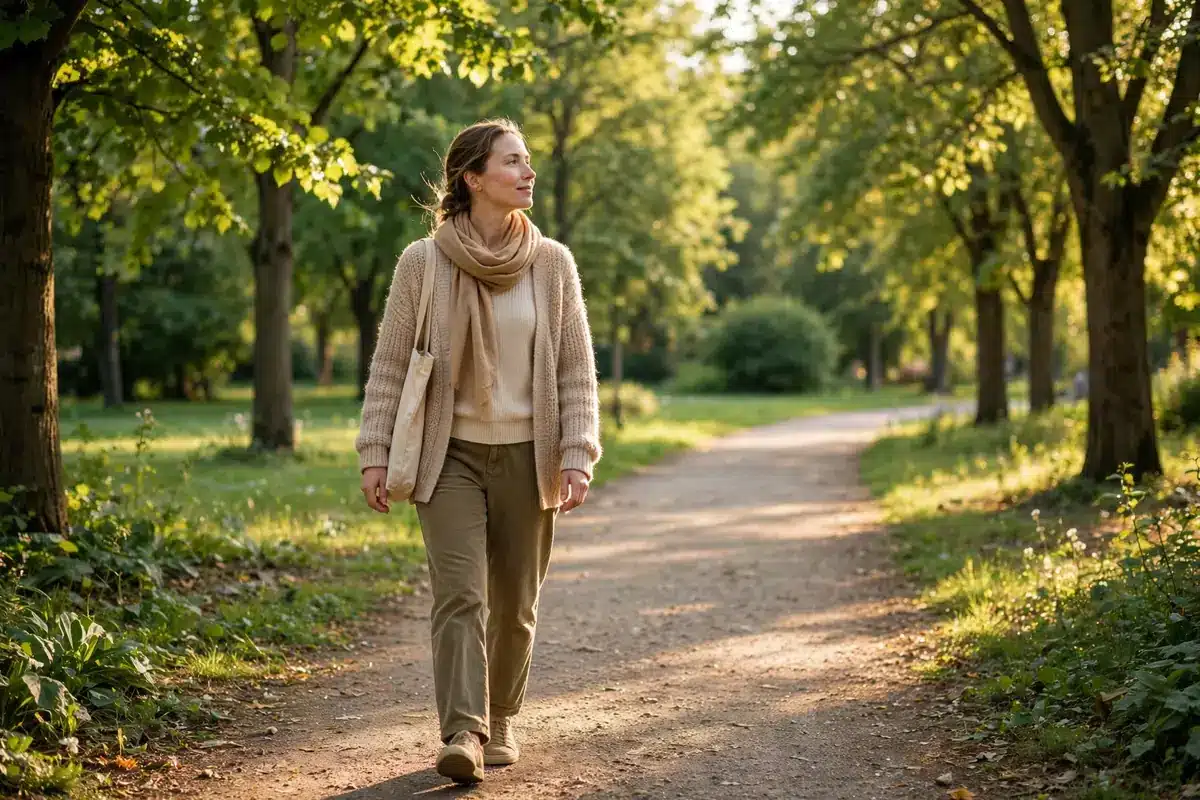 A woman walking peacefully along a sunny park path lined with green trees in soft sunlight