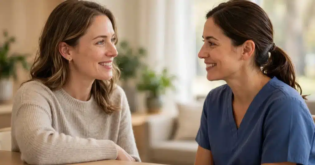 A woman having a calm, reassuring conversation with a nurse at a bright clinic reception desk