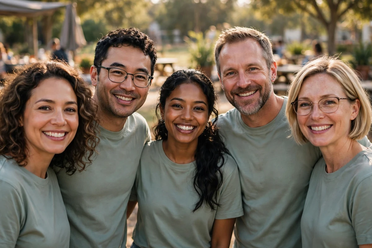A team of people in matching soft-color shirts gathering together at a sunny outdoor community charity event