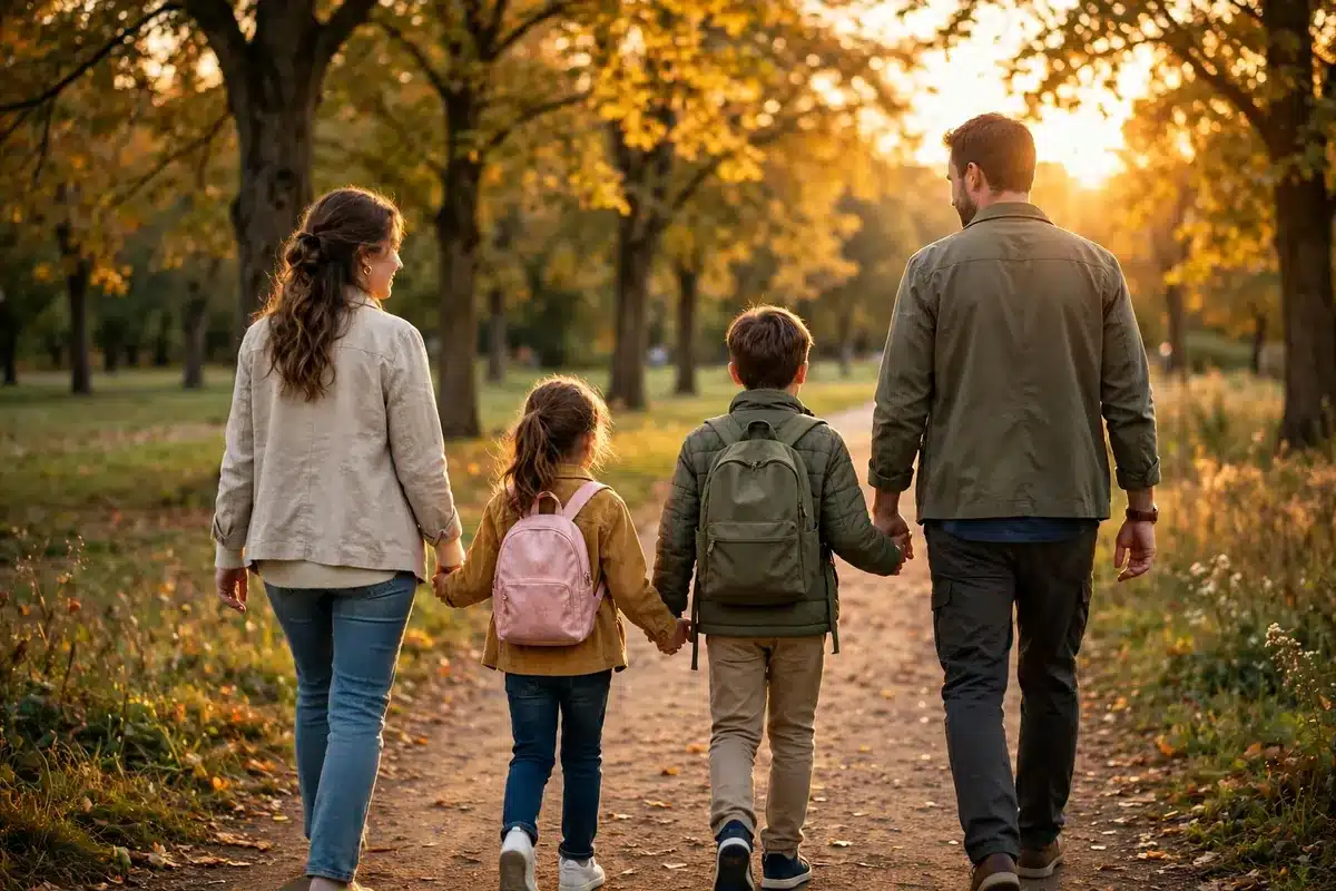 A family with kids walking hand in hand on a park path in golden light