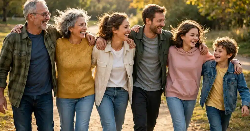 Cheerful group of friends and family walking together outdoors in warm daylight, arms around each other's shoulders