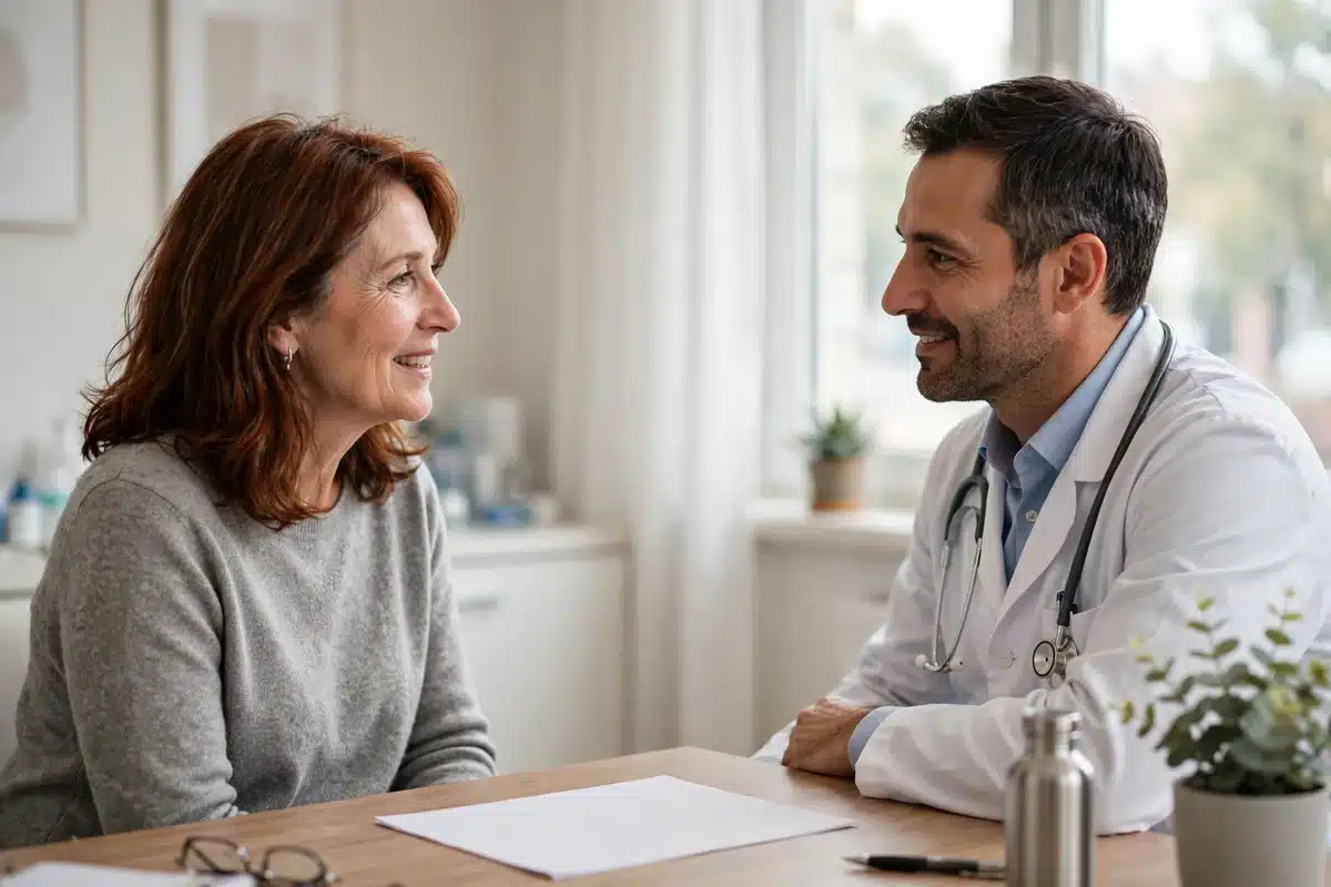 Photo of a woman in her 50s talking with her doctor across a desk, a plain report in front of them