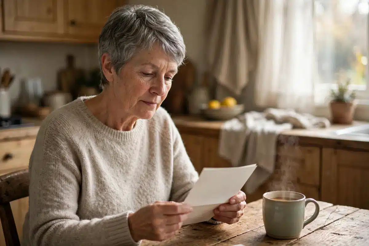 Photo of a woman sitting at her kitchen table at home reading a letter in soft morning light