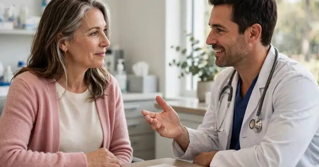 Photo of a woman in her 50s wearing a soft pink cardigan, talking with a radiologist at a desk in a bright clinic