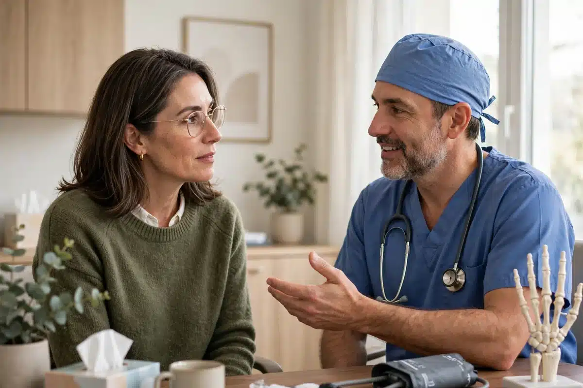 Photo of a woman in her 40s talking with a surgeon in a bright consultation room, calm and engaged, natural window light