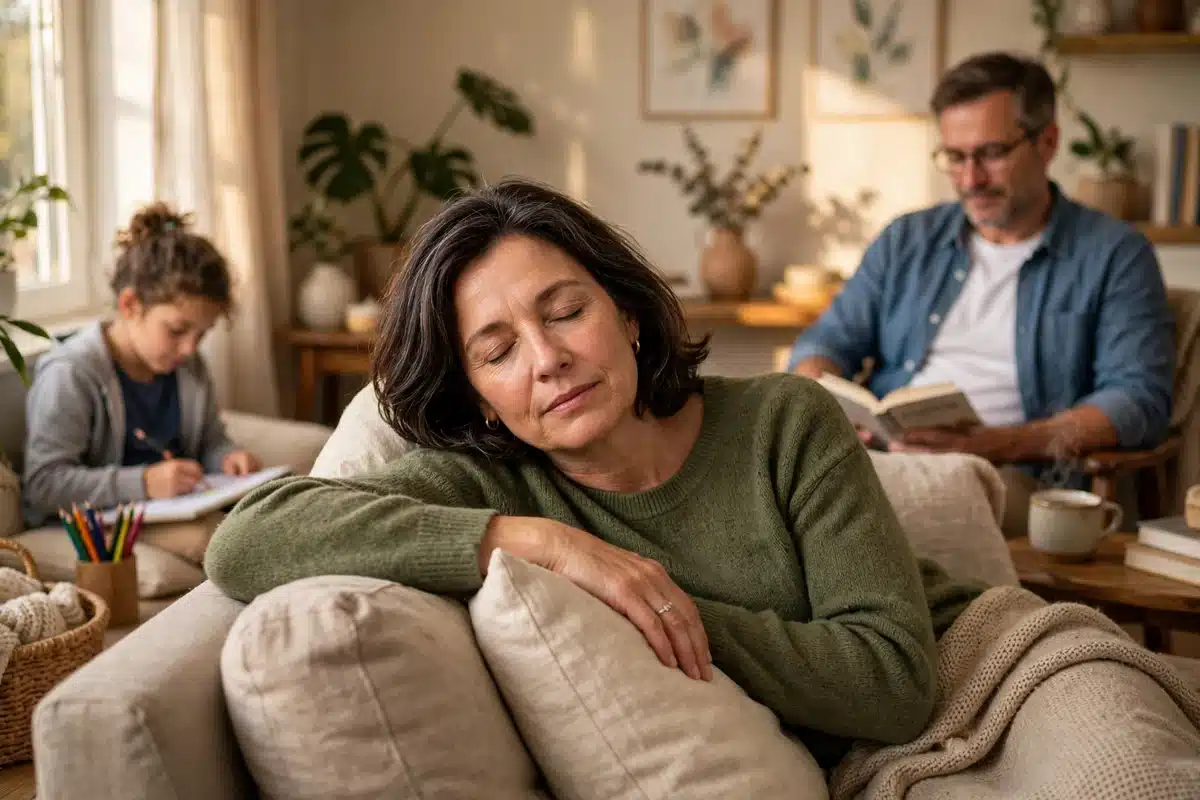 Photo of a woman in her 50s resting on a sofa at home with family nearby, warm afternoon light, peaceful