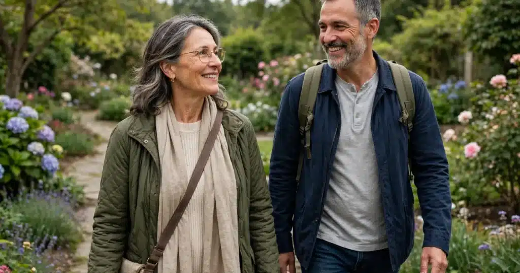 Photo of a woman in her 50s walking with her partner in a garden, hopeful, soft daylight