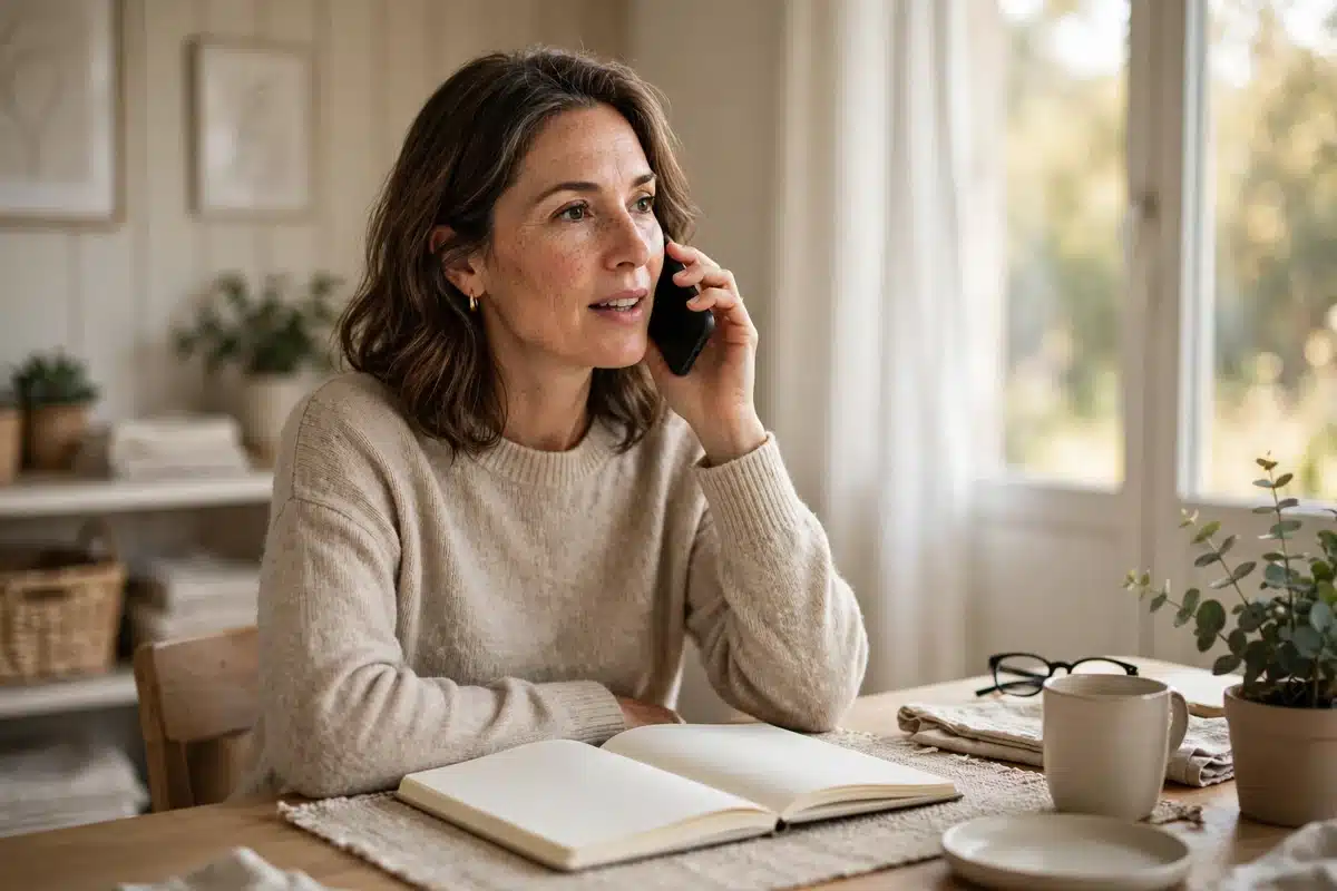 Photo of a woman in her 40s speaking on the phone at home with a plain notebook open in front of her, asking about an upcoming scan appointment, calm and organised
