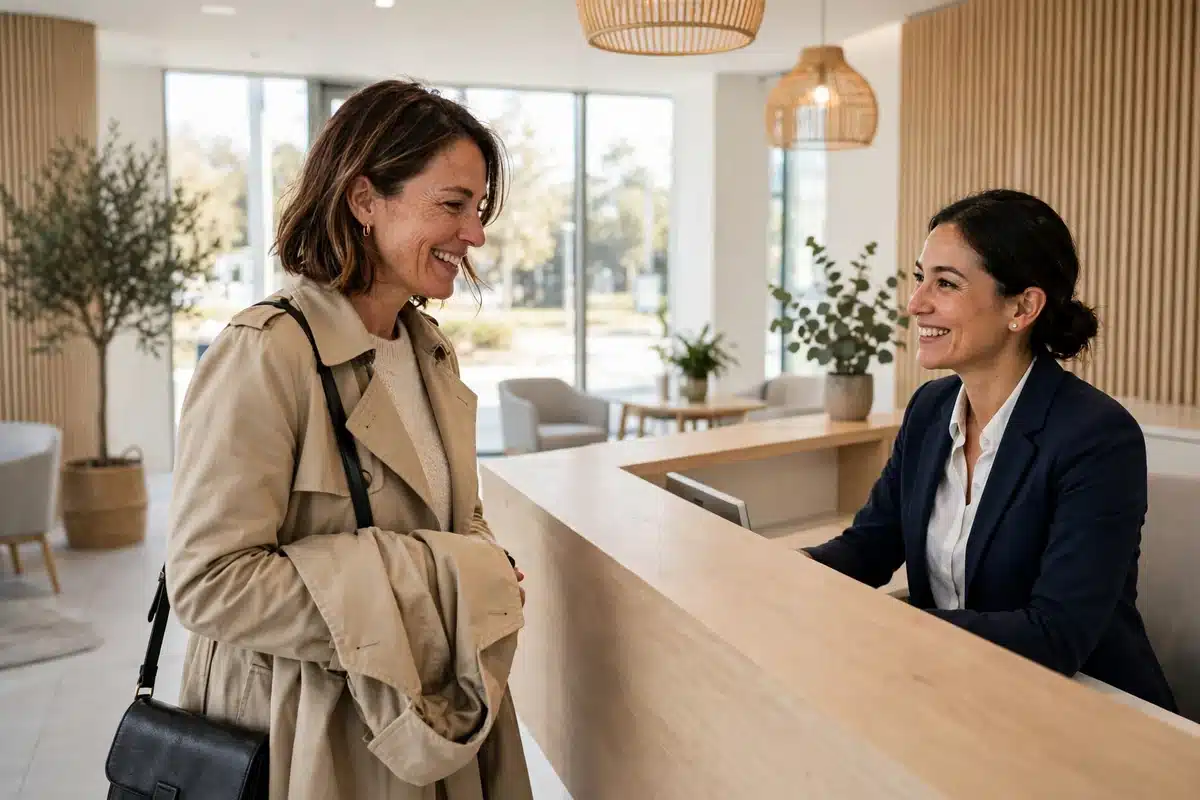 Photo of a woman in her 40s arriving at the bright reception of a modern imaging centre, smiling as she checks in with the receptionist, natural light