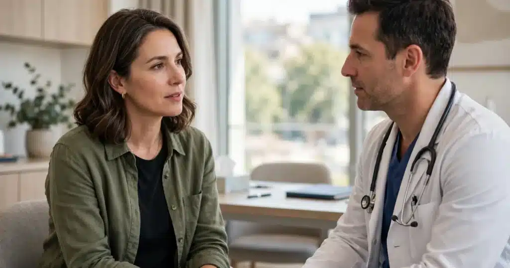 Photo of a woman in her 40s talking with her doctor in a bright clinic office about a planned scan, calm and attentive