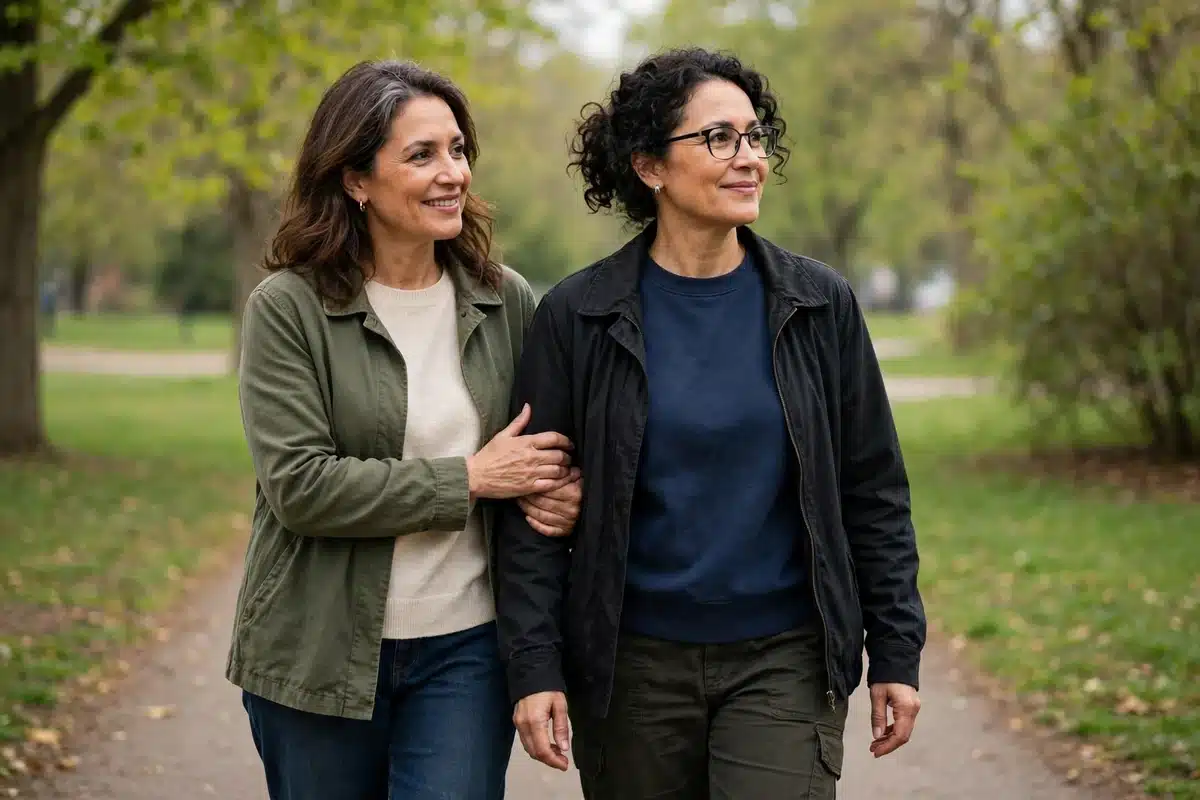 Two women friends walking together on a sunlit park path, one gently supporting the other