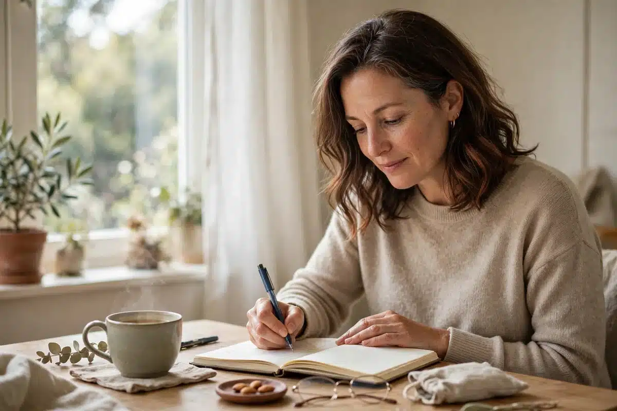A woman writing in a journal at home beside a bright window, a cup of tea nearby