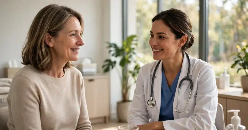 Woman patient talking with her smiling doctor in a bright clinic room