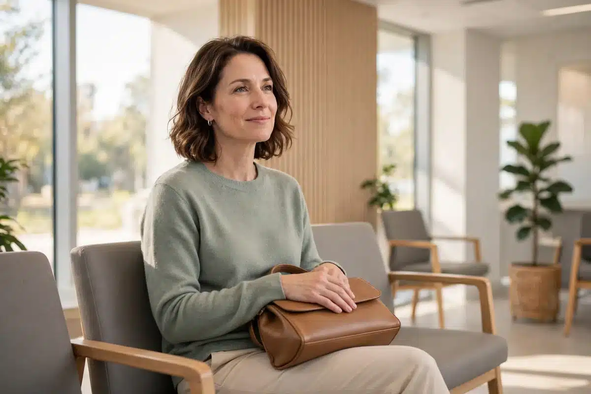 Photo of a woman in her 40s sitting in a bright modern clinic waiting area, calm and relaxed, holding a handbag on her lap, warm daylight through large windows, plain clothing, peaceful mood, no readable text, no logos