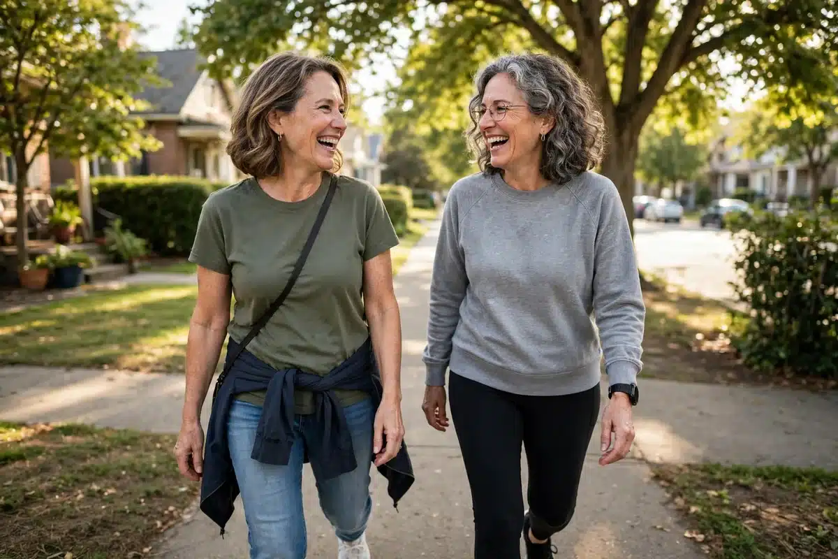 Photo of a smiling woman in her 50s walking outdoors with a female friend on a sunny neighborhood sidewalk, chatting and laughing, healthy active lifestyle, warm natural light, casual plain clothing, no readable text, no logos