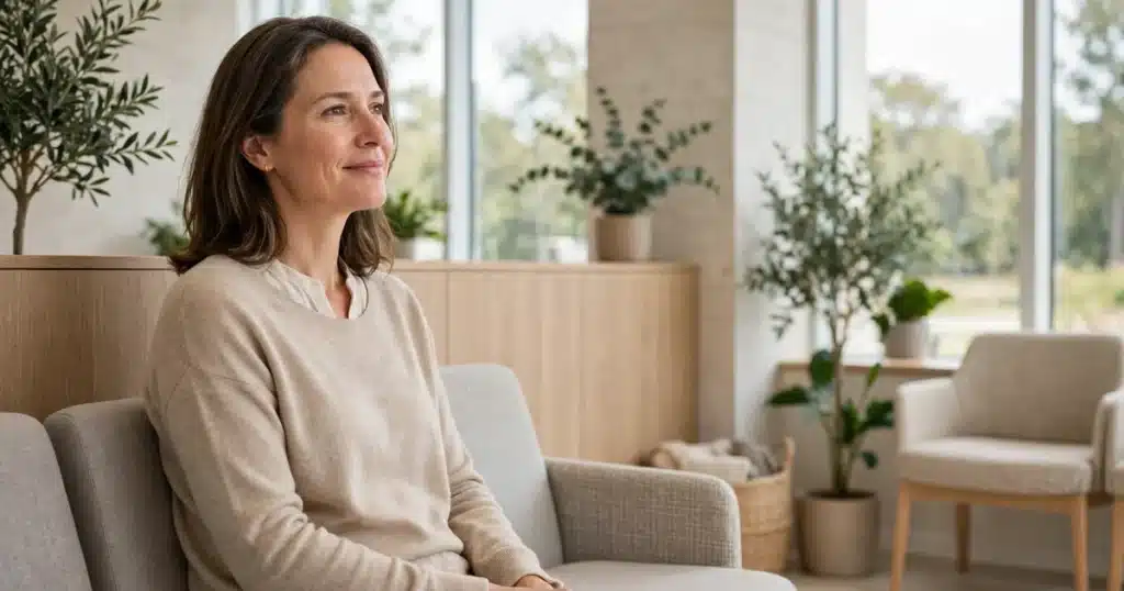 Photo of a calm woman in her 40s sitting in a bright modern clinic waiting area near large windows, soft daylight, peaceful expression, plain comfortable clothing, warm hopeful mood, no readable text, no logos