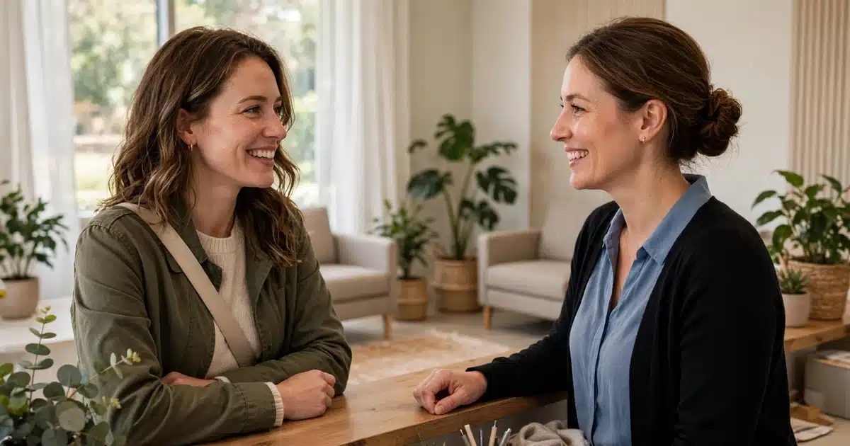 Photo of a woman checking in at a bright breast-screening center and smiling with the receptionist