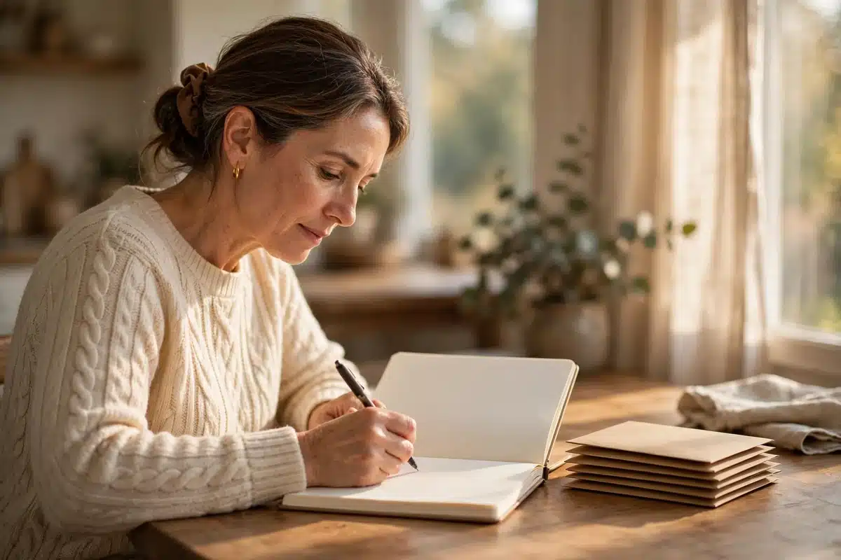 Photo of a woman in her 40s writing dated notes in a plain notebook beside a stack of plain envelopes at home, calm and methodical