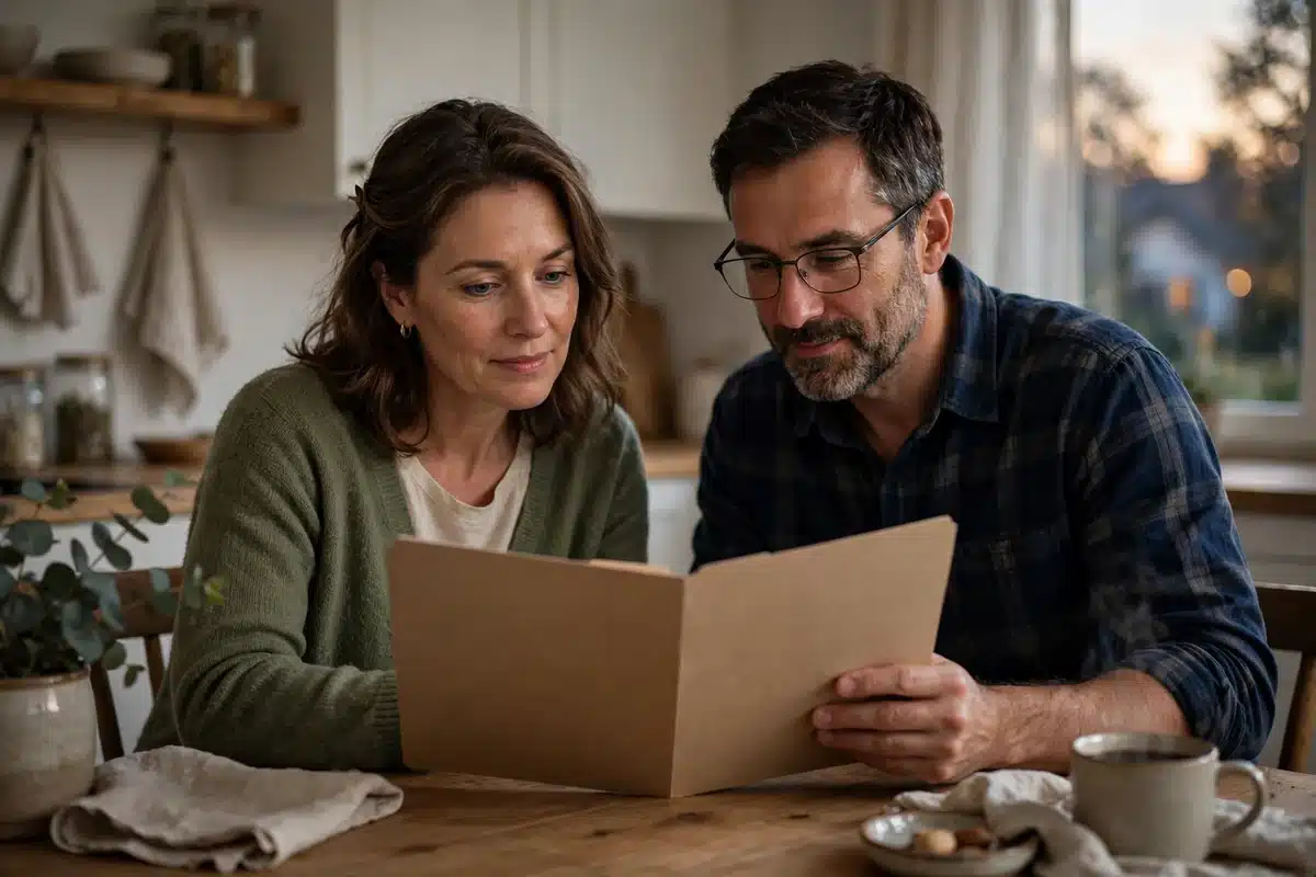 Photo of a woman in her 40s and her husband reviewing a plain folder together at their kitchen table at home in soft evening light