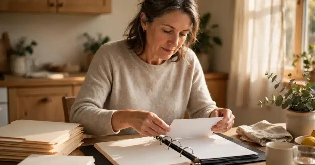 Photo of a woman in her 40s at her kitchen table at home organising plain folders and letters into a neat ring binder in warm natural light