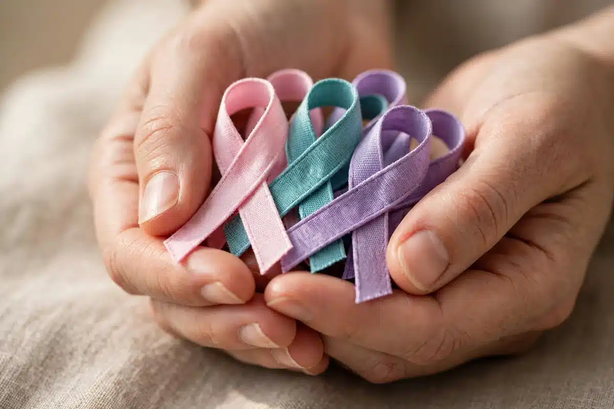 Photo of a close-up of hands holding several small fabric awareness ribbons in soft pink, teal and lavender colors against a warm neutral background, soft natural light