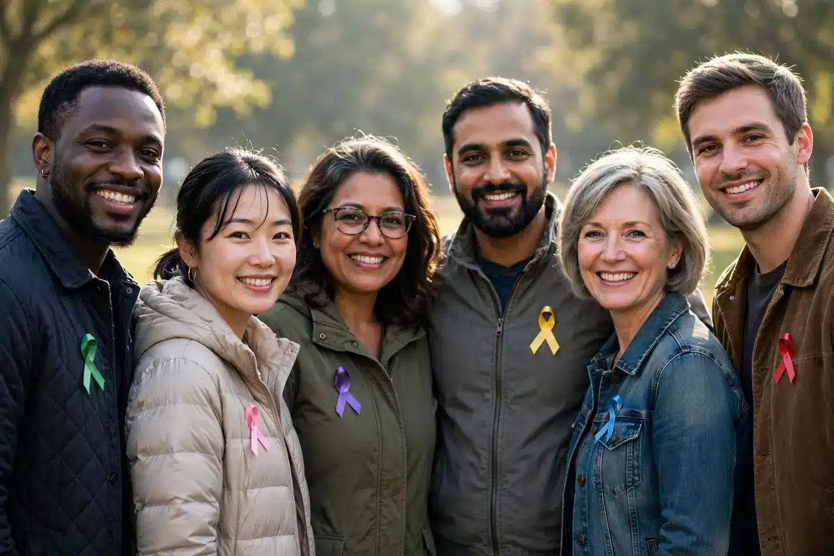 Photo of a diverse group of people standing together outdoors at a community awareness event wearing small ribbons in different colors, smiling in warm morning light, plain background with no signs or banners
