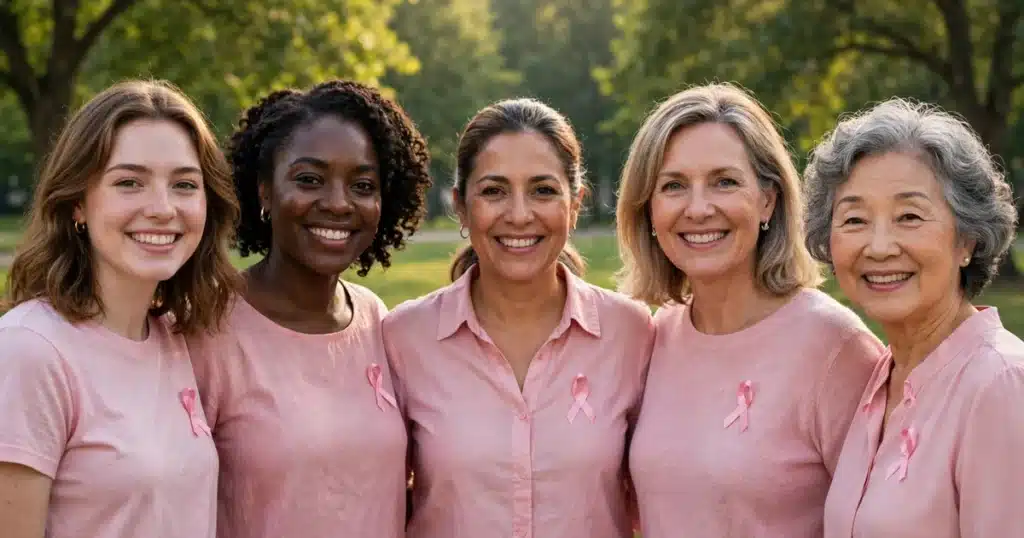 Photo of a group of women of different ages standing together outdoors at a community awareness event in warm morning light, wearing soft pink tops and small pink ribbons, smiling at the camera