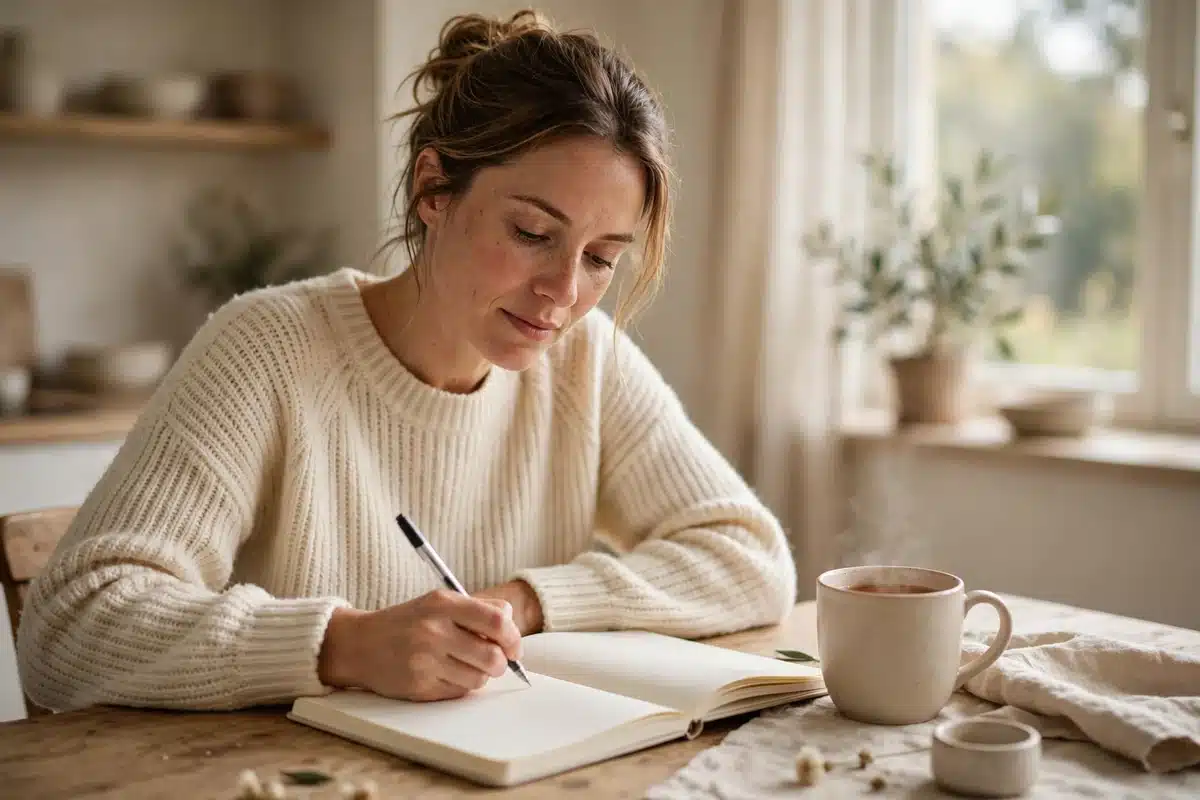 Photo of a woman writing worries down in a plain notebook at her kitchen table in soft daylight
