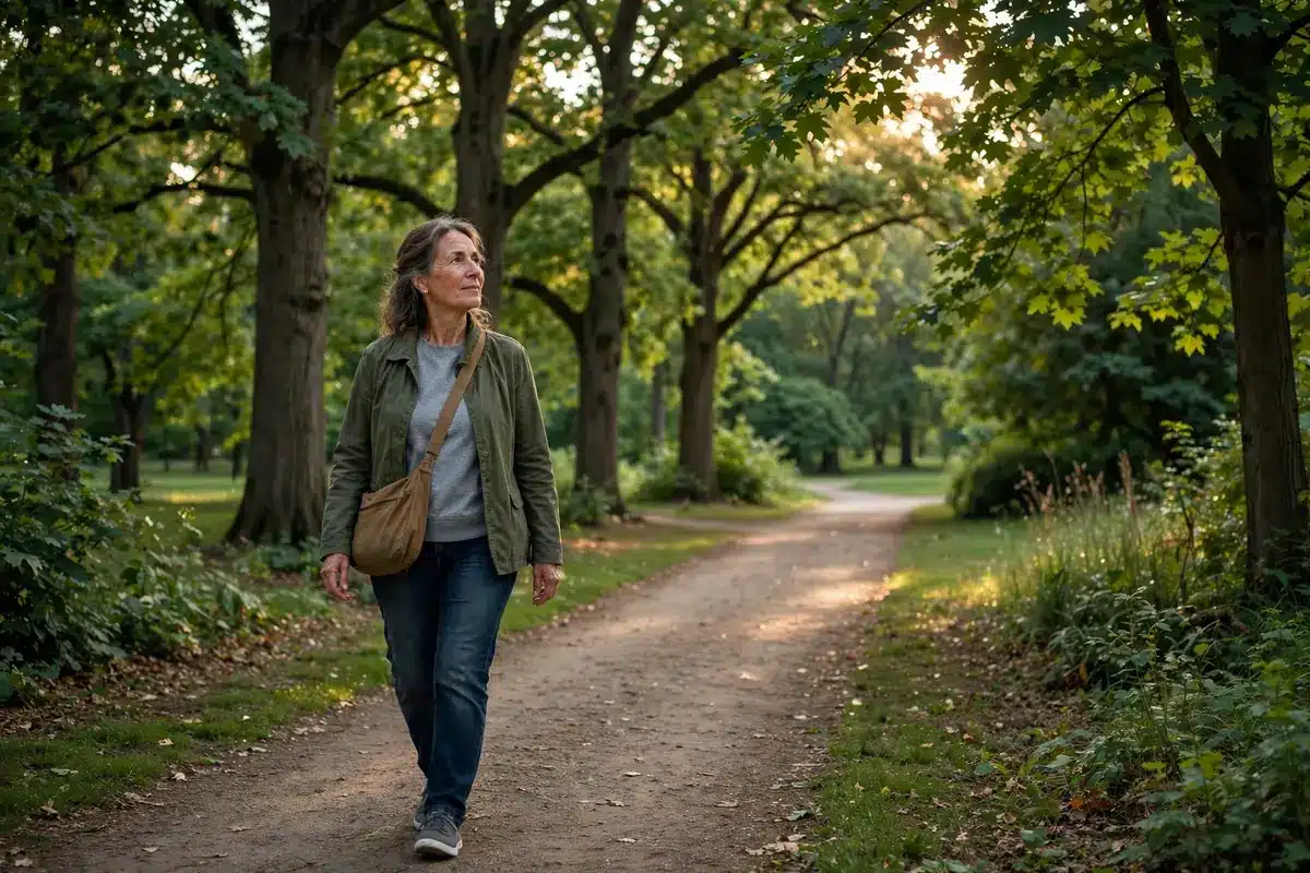 Photo of a woman taking a gentle walk along a tree-lined park path in soft afternoon light