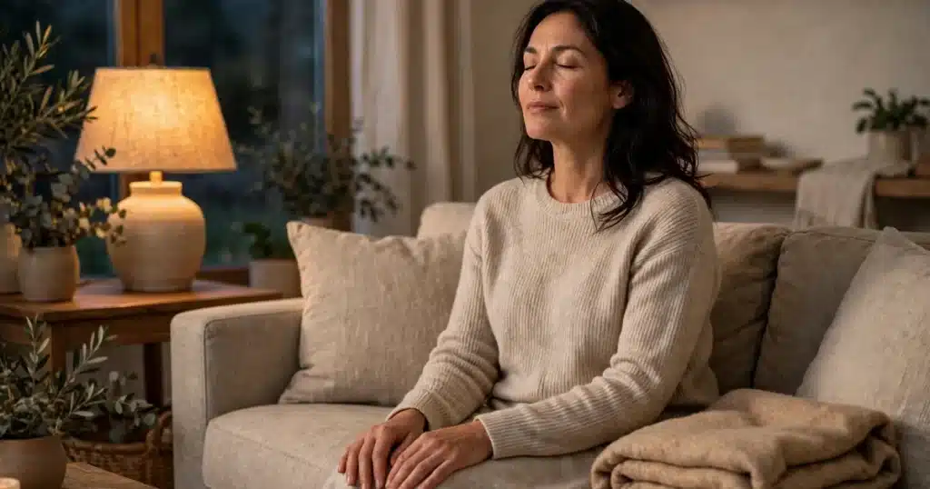 Photo of a woman sitting quietly on her sofa at home in soft evening lamplight, taking slow breaths to calm her thoughts
