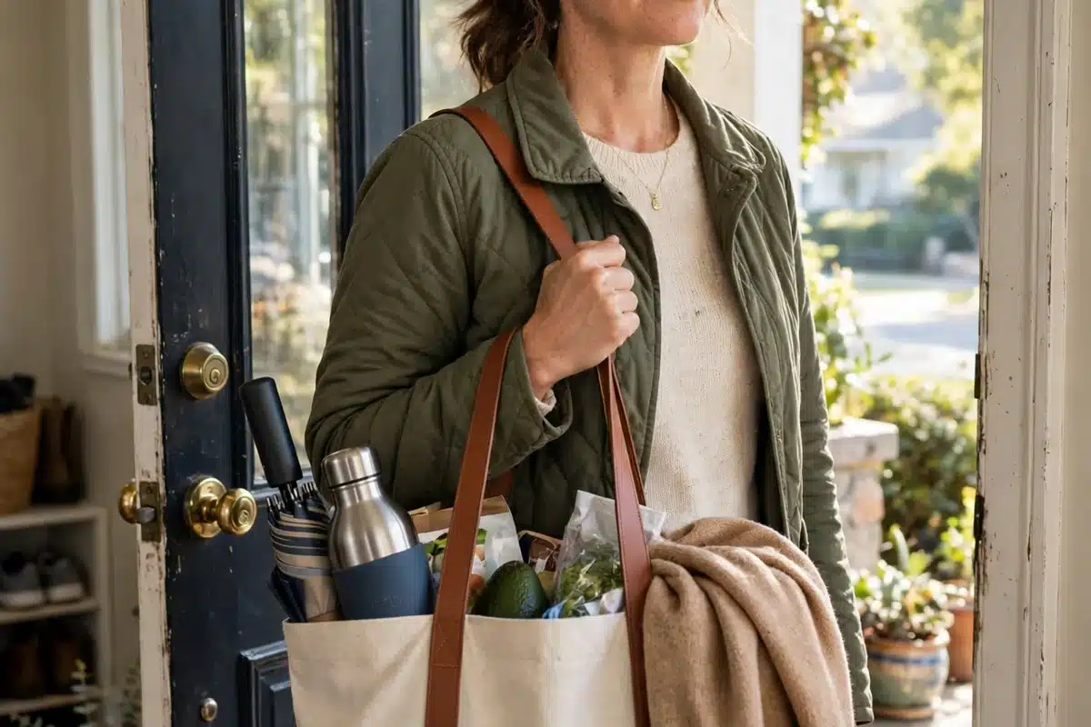 Photo of a woman caregiver in her 40s holding a packed tote bag by her front door, ready to leave, bright morning light