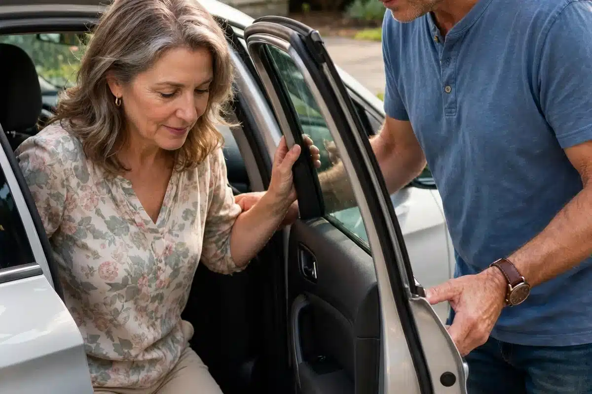 Photo of a man in his 50s helping his wife into the passenger seat of a car outside their home, bright morning light, calm and unhurried