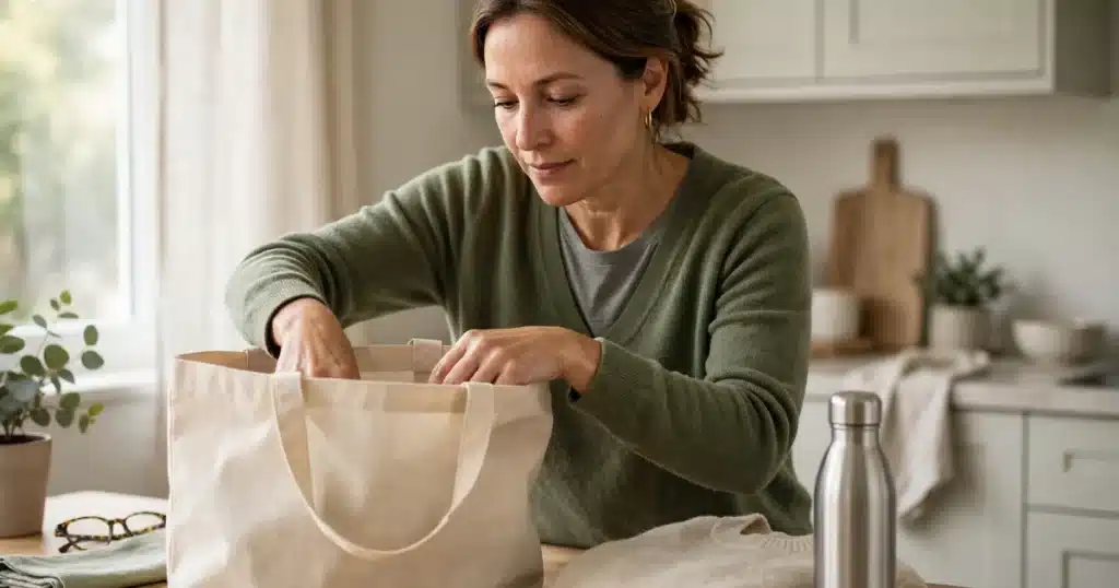 Photo of a woman caregiver in her 40s packing a plain tote bag at her kitchen table in soft morning light, calm and organized