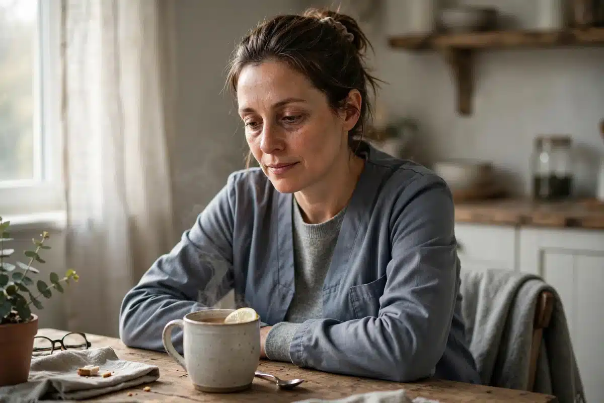 Photo of a woman caregiver in her 40s sitting alone at her kitchen table in the early morning with a cup of tea, tired but calm, soft daylight