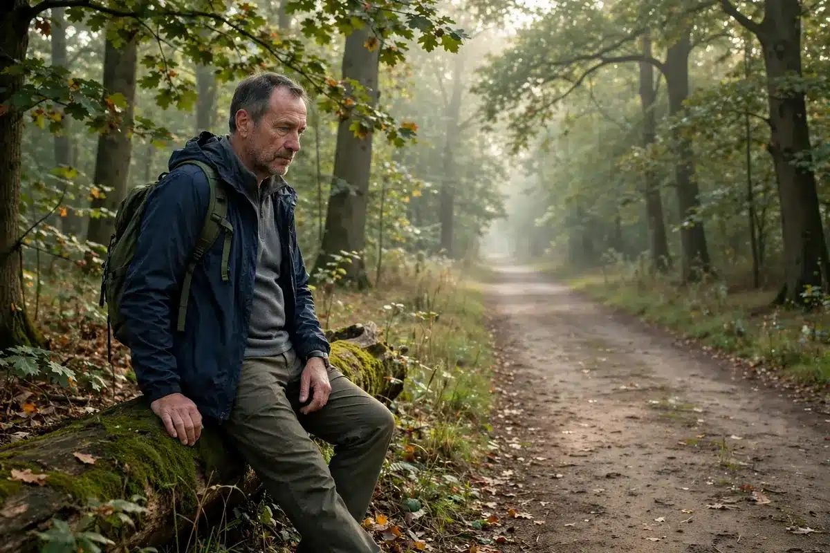 Photo of a man in his 50s walking alone on a quiet tree-lined path in soft morning light, calm and reflective, taking a break