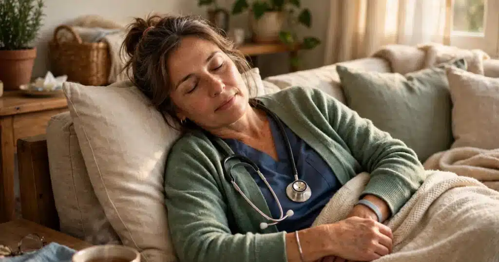 Photo of a woman caregiver in her 40s resting with her eyes closed on a sofa at home in soft afternoon light, peaceful moment of rest