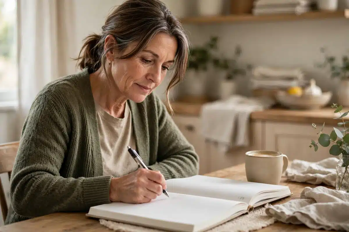 Photo of a woman caregiver writing an appointment into a large plain paper planner at her kitchen table at home, a pen in her hand and a mug beside her in soft daylight