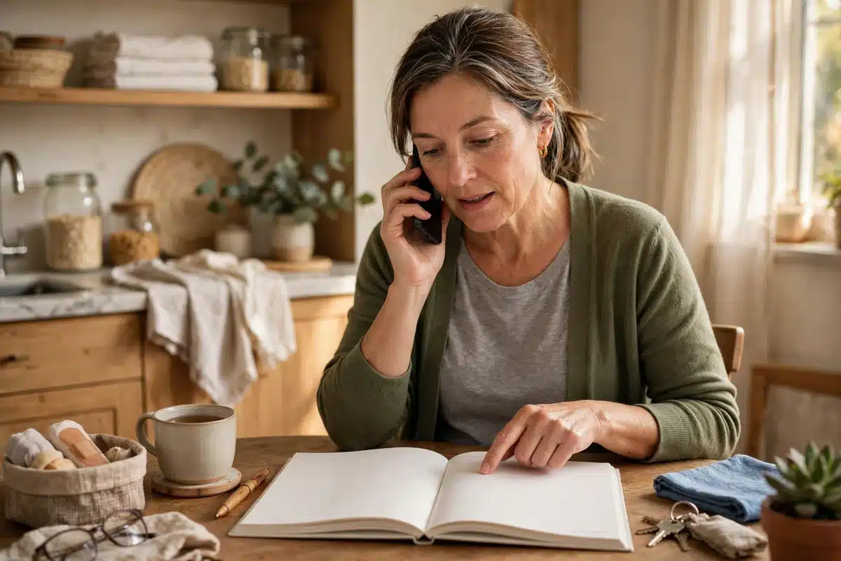 Photo of a caregiver speaking on the phone at home while looking at an open paper calendar on the table, confirming an appointment, calm and organised in warm natural light