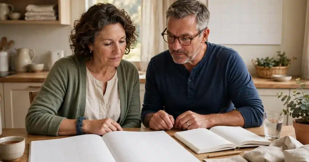 Photo of a caregiver and her husband at their kitchen table at home reviewing a large plain wall calendar together, calm and organised in soft daylight